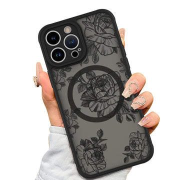 AIGOMARA Magnetic Case for iPhone 15 Pro Max [Compatible with MagSafe] Black Flower Floral Pattern Design Case for Women Girls Soft TPU Bumper Hard PC Back Anti-Fall Shockproof Protective Slim Cover