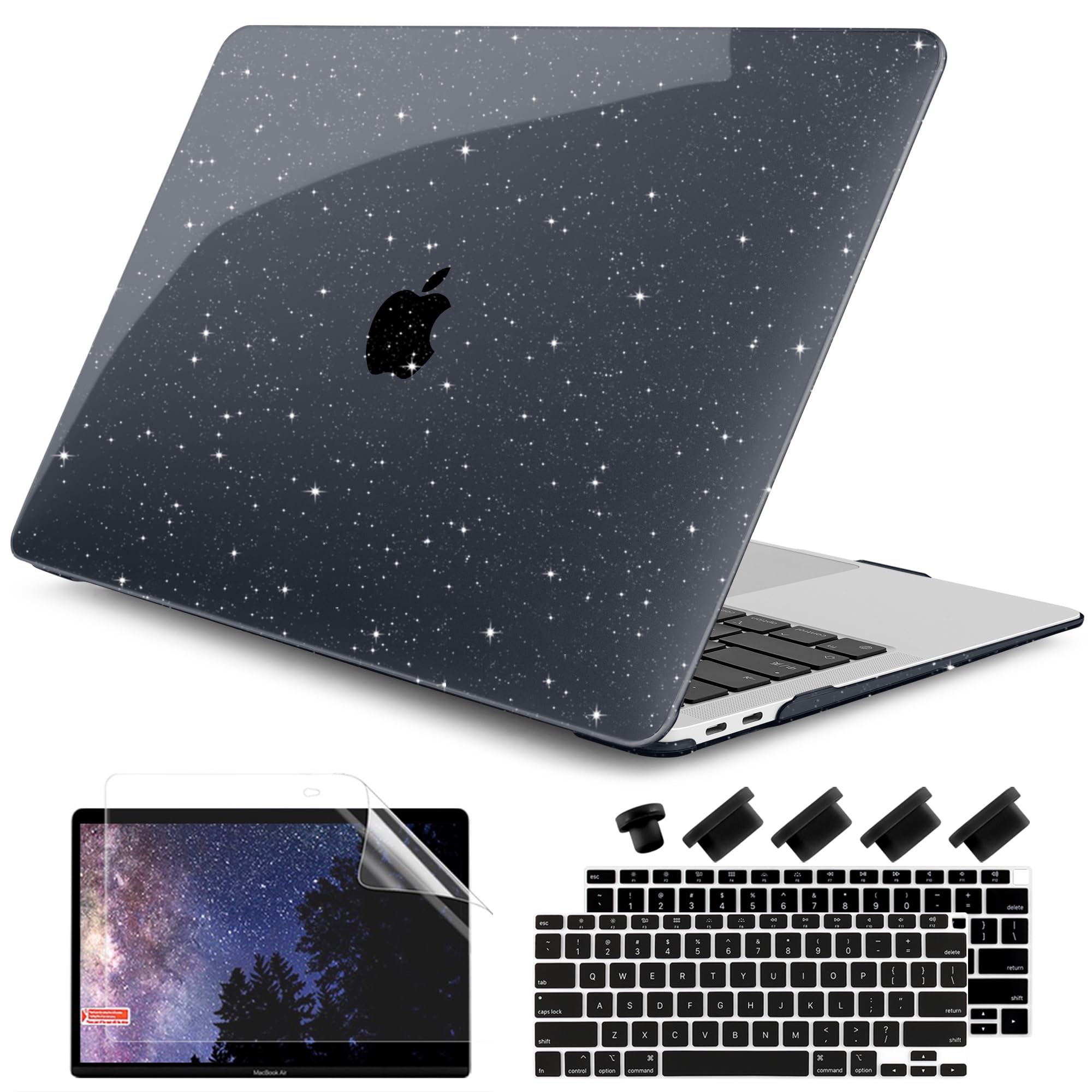 DONGKE for MacBook Air 13 inch Case 2021-2018 Release A2337 M1 A2179 A1932, Bling Plastic Hard Shell Case & Keyboard Cover Only Compatible with MacBook Air 13 inch Retina Fits Touch ID, Sparkly Black