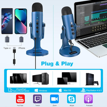 ZealSound USB Gaming Mic: Plug & Play, Headphone Output, Blue