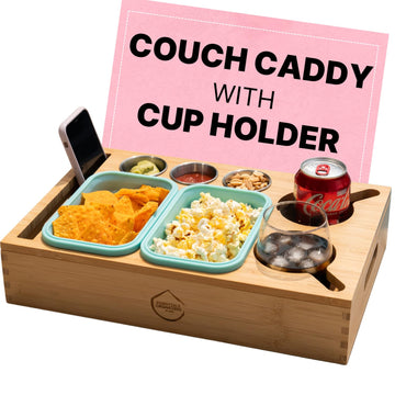 Couch Caddy & Couch Cup Holder Tray: Wooden Couch Caddy with Cup Holder, Silicone Snack Caddy, Phone and TV Remote Control Storage, Perfect Couch Accessories for Sofa, Bed, RV, Car