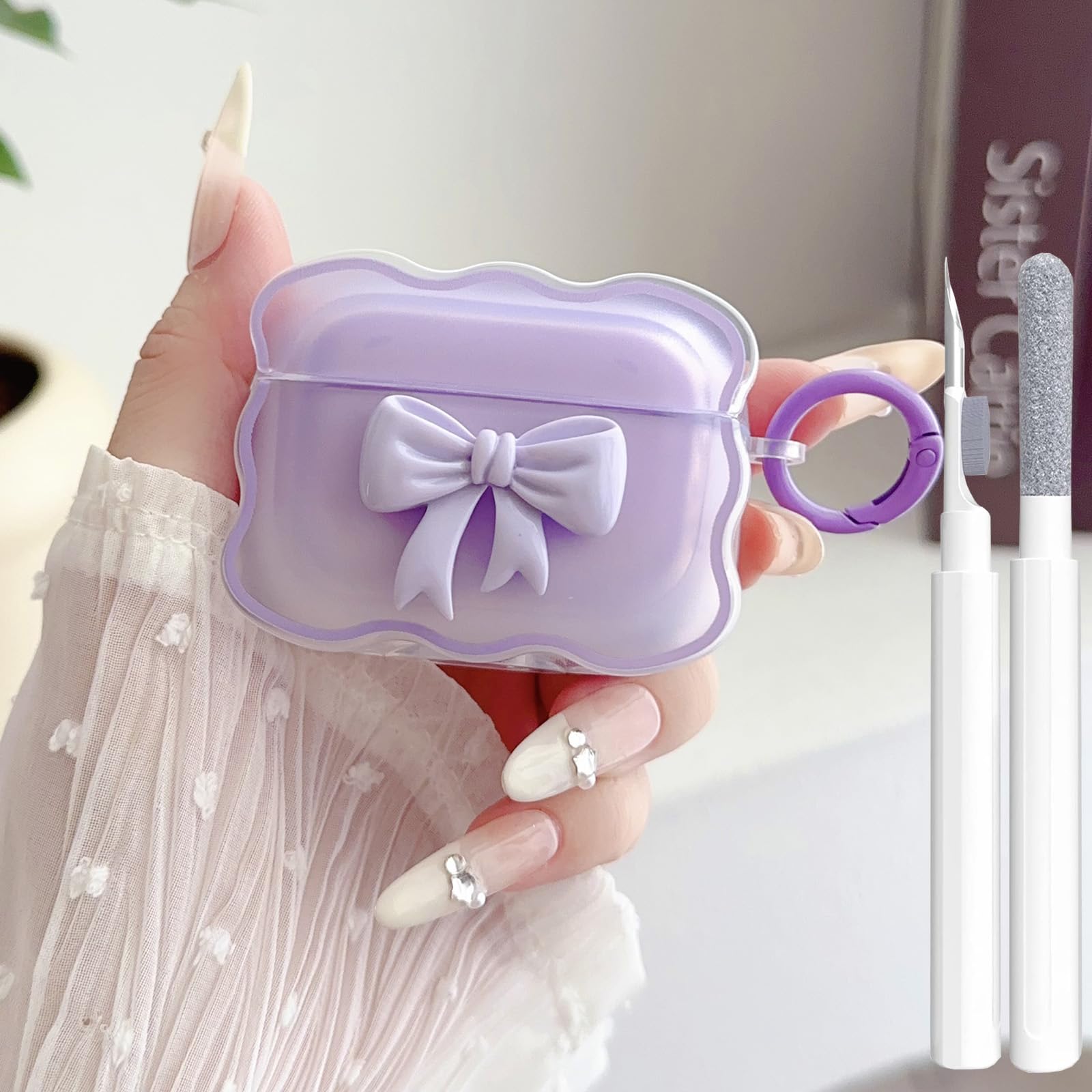 Cute AirPods Pro 2/1 Gen Clear Case, Girly 3D Bow Design Soft TPU Protective Shockproof Kawaii Apple iPod Pro 2nd/1st Generation Cover with Cleaner Pen & Keychain Girls Women 2023/2022/2019