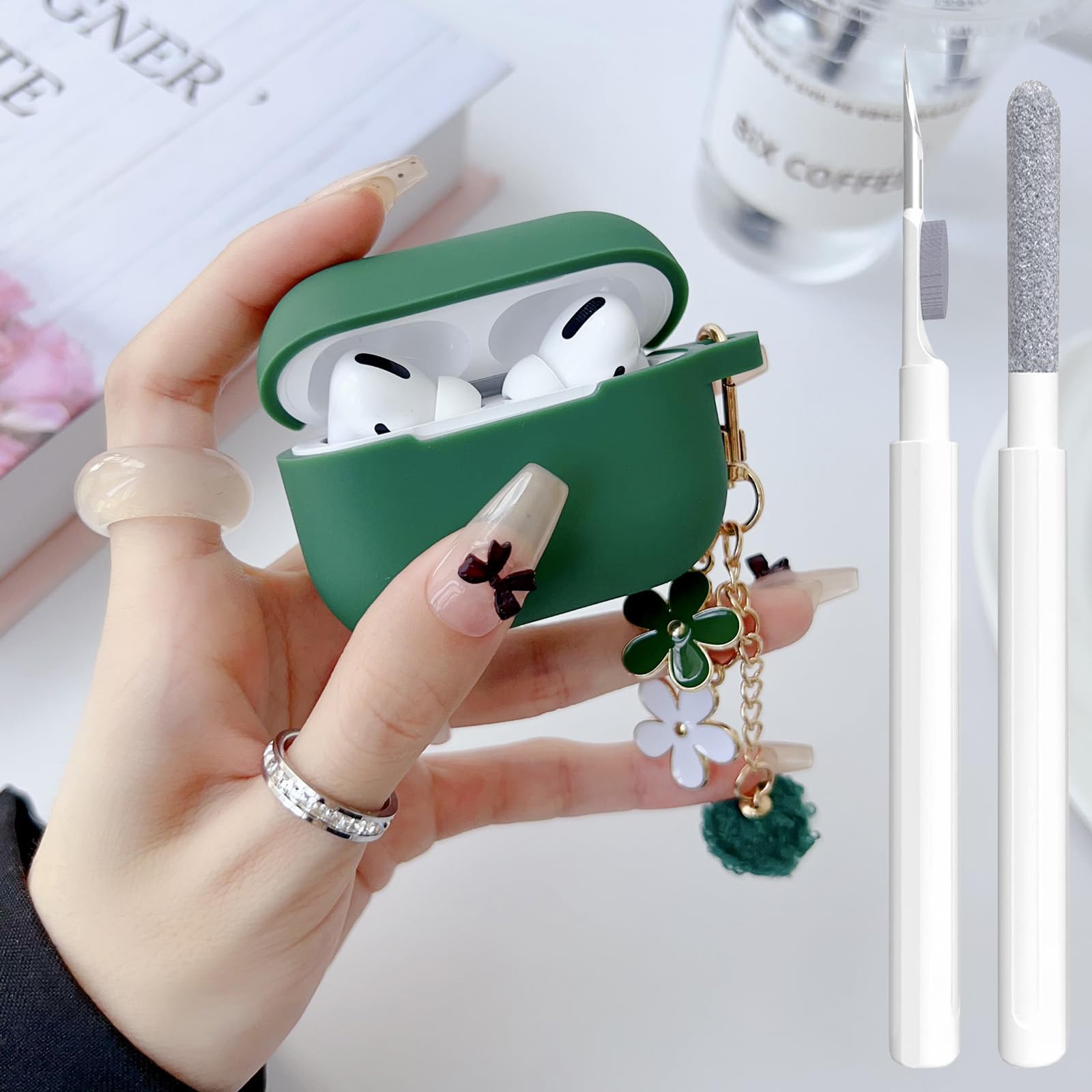 Cute Green Case for Airpods Pro 2nd/1st Generation Cover for Girl Women with Pom pom Flower Keychain & Cleaner Kit, Soft Silicone Protective Skin for Airpods Pro 2/1 Gen 2019/2023/2022, Green