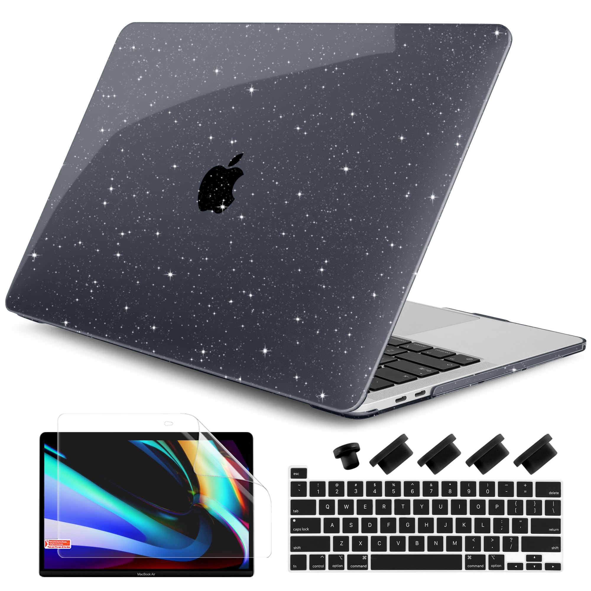 DONGKE for MacBook Pro 13 inch Case 2023 2022 2021 2020 Release Model A2338 M2/M1 A2289 A2251 with Touch Bar & Touch ID, Glitter Bling Plastic Hard Shell Case & Keyboard Cover, Star Black