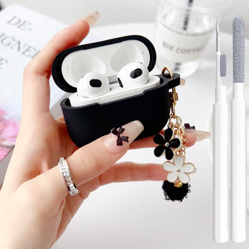 Cute Case for Airpods Pro 2nd/1st Generation Cover for Girl Women with Pom pom Flower Keychain & Cleaner Kit, Soft Silicone Protective Skin for Airpods Pro 2/1 Gen 2019/2023/2022, Black