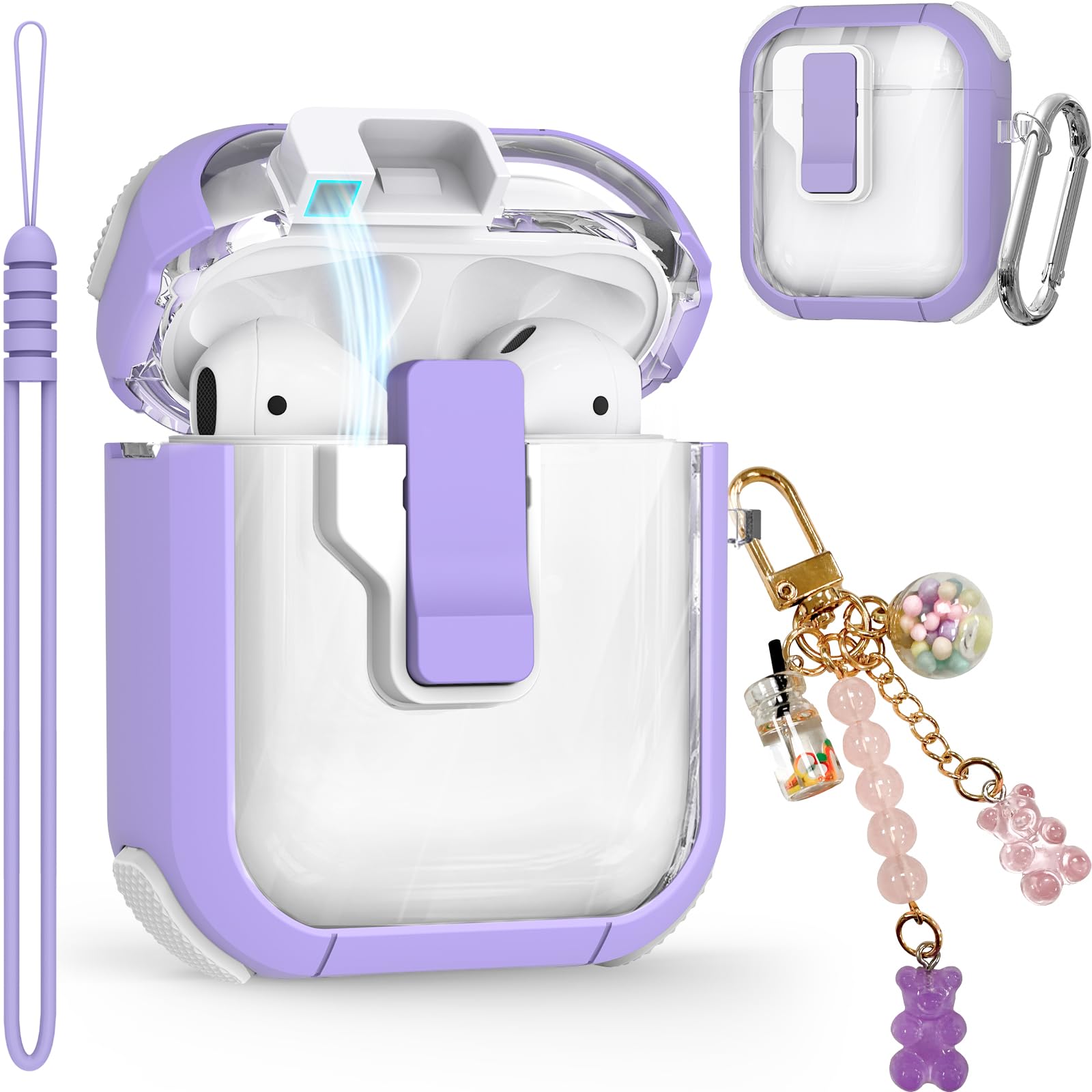 Clear Case for AirPods 2nd/1st Generation, Secure Lock Airpod Case for Apple AirPods 2/1 Gen Case Cover with Silicone Wrist Strap Cute Candy Keychain for Women,Purple