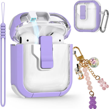 Clear Case for AirPods 2nd/1st Generation, Secure Lock Airpod Case for Apple AirPods 2/1 Gen Case Cover with Silicone Wrist Strap Cute Candy Keychain for Women,Purple