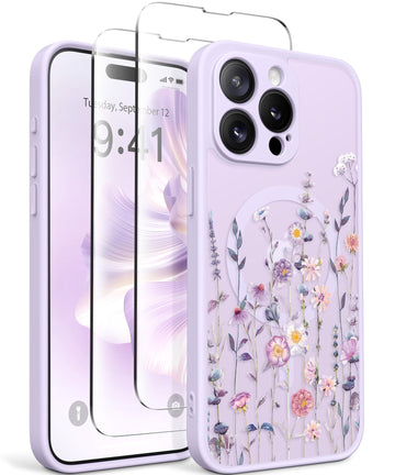 GVIEWIN for iPhone 15 Pro Max Case Compatible with MagSafe, [Military Grade Protection] [2X Screen Protector] Full Camera Protection Floral Translucent Women Magnetic Phone Case, Floratopia/Colorful