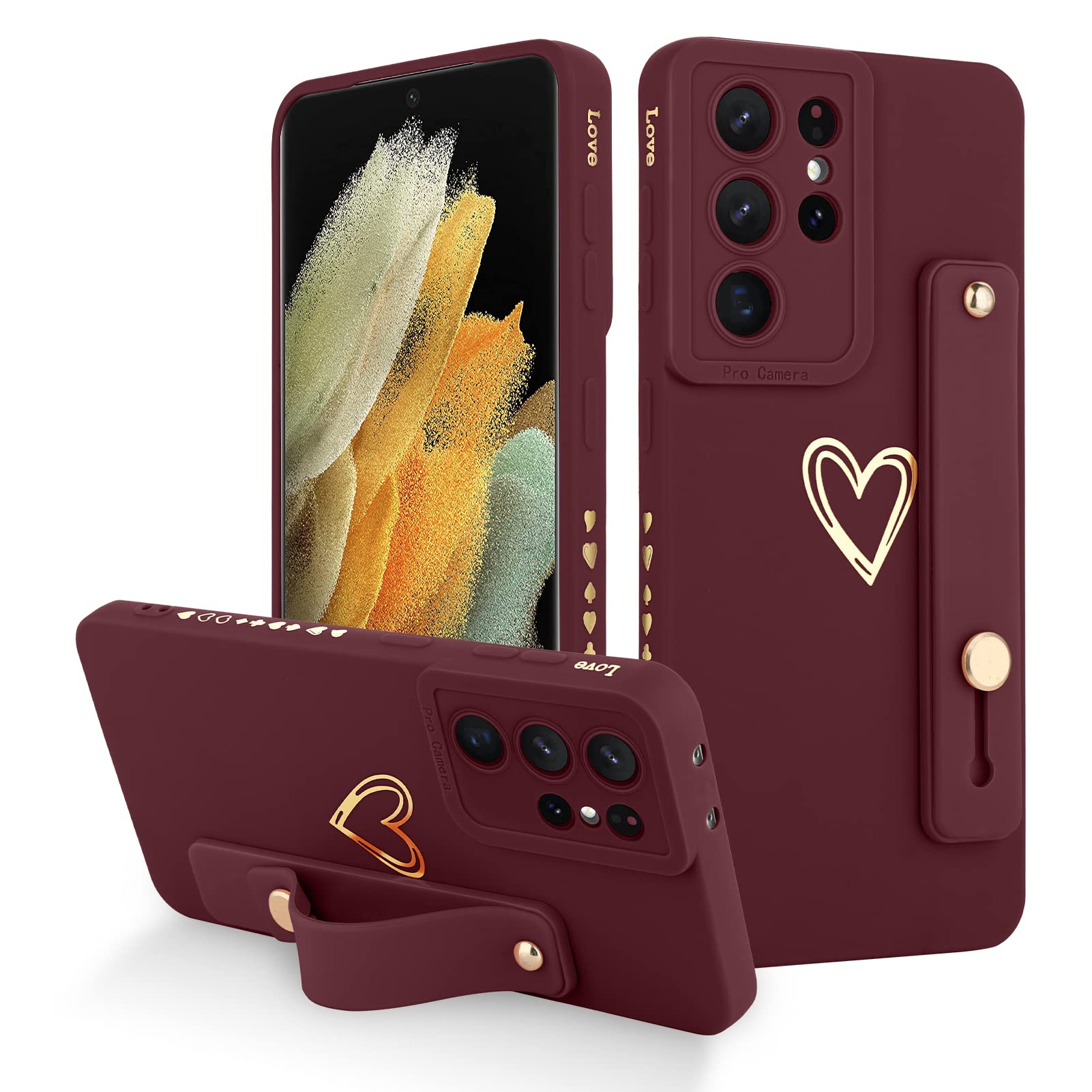 Fiyart Designed for Samsung Galaxy S21 Ultra Case with Phone Stand Holder Cute Love Hearts Protective Camera Protection Cover with Wrist Strap for Women Girls for Galaxy S21 Ultra 6.8"-Wine Red