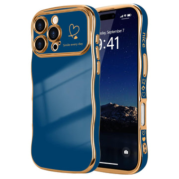 LCHULLE for iPhone 16 Pro Max Case for Women Girls, Cute Wave Frame Curly Shape with Love Heart Raised Camera Protection Cover Luxury Plating Shockproof Phone Case for iPhone 16 Pro Max, Navy Blue