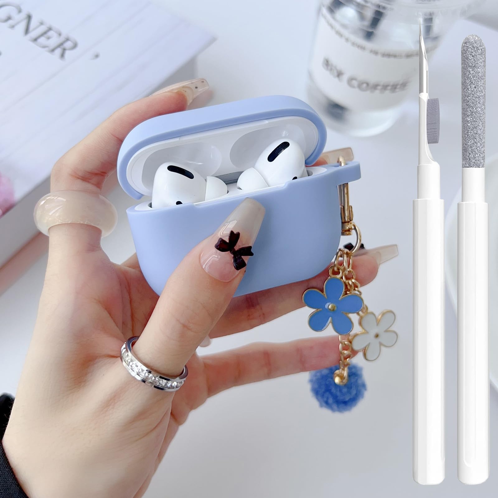 Cute Case for Airpods Pro 2nd/1st Generation Cover for Girl Women with Pom pom Flower Keychain & Cleaner Kit, Soft Silicone Protective Skin for Airpods Pro 2/1 Gen 2019/2023/2022, Sky Blue