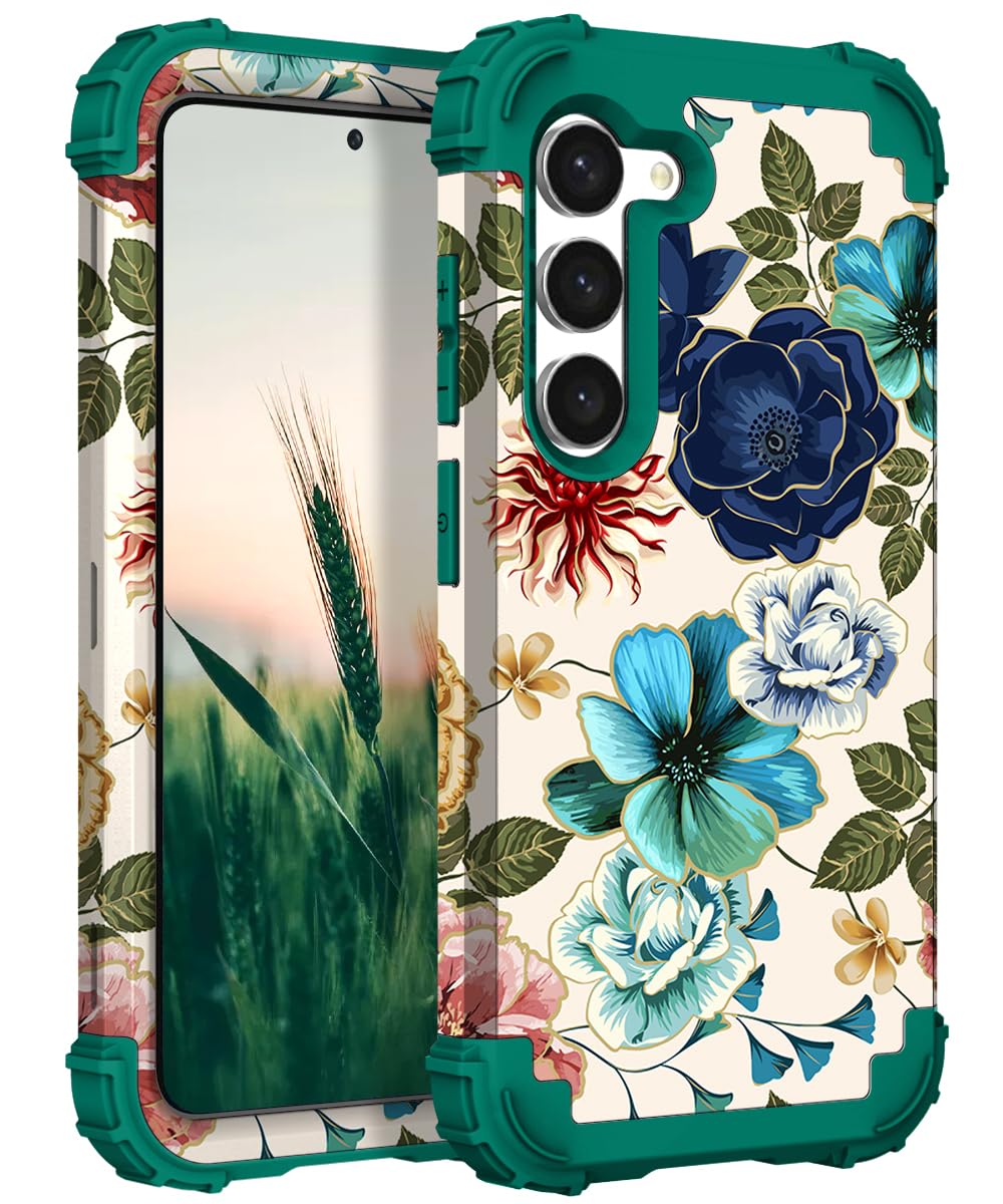 Hocase for Galaxy S23 Case, Shockproof Heavy Duty Protection Soft Silicone Rubber Bumper+Hard Plastic Hybrid Protective Case for Samsung Galaxy S23 (6.1" Display) 2023 - Teal Flowers