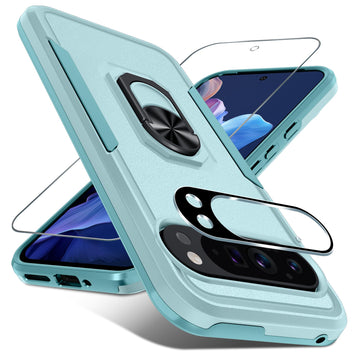 Janmitta for Google Pixel 9 Pro XL Case with Screen Protector+Camera Lens Protector,Heavy Duty Shockproof Full Body Phone Cover Built in Metal Ring Holder Kickstand,2024 Mint Green