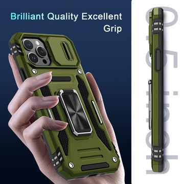 DEERLAMN Case for iPhone 13 Pro Max with Slide Camera Cover+Screen Protector(1 Pack),Rotated Ring Kickstand Military Grade Shockproof Protective Cover 6.7 Inch-Olive Green