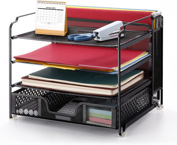 4-Tray Mesh Desk Organizer with Drawer and Upright Section