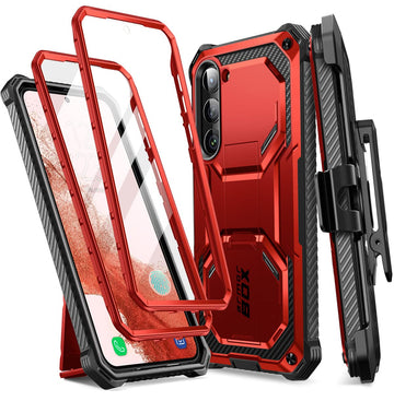 i-Blason Armorbox for Samsung Galaxy S23 Plus Case with Stand & Belt-Clip [Built-in Screen Protector] [2 Front Frames] [Military-Grade Protection] Full-Body Rugged Bumper Case with Kickstand (Red)