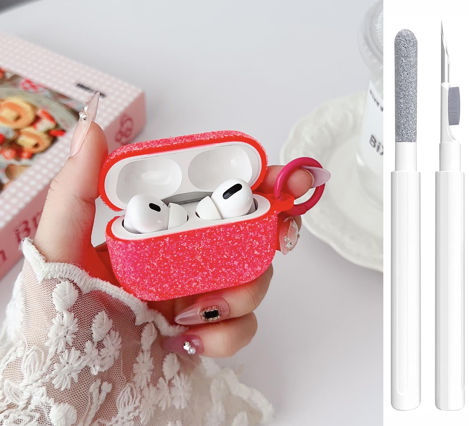 Cute Glitter Red Case for Airpods Pro/Pro 2 Gen Cover Girl Women with Cleaner Pen, Airpods iPod Pro 2nd/1st Generation Case Cover Protective Skin with Keychain 2023/2022/2019