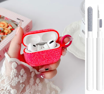 Cute Glitter Red Case for Airpods Pro/Pro 2 Gen Cover Girl Women with Cleaner Pen, Airpods iPod Pro 2nd/1st Generation Case Cover Protective Skin with Keychain 2023/2022/2019