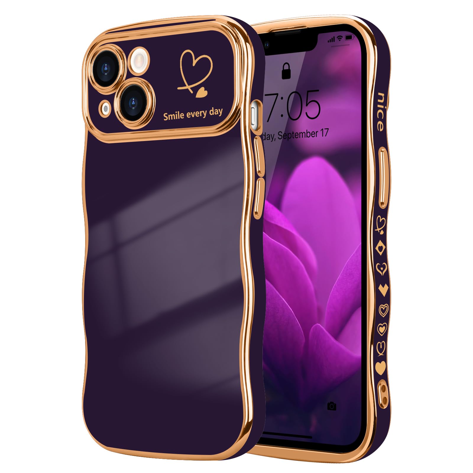 LCHULLE for iPhone 14 Plus Case for Women Girls, Cute Wave Frame Curly Shape with Love Heart Pattern Raised Camera Protection Cover Luxury Plating Shockproof Phone Case for iPhone 14 Plus, Dark Purple