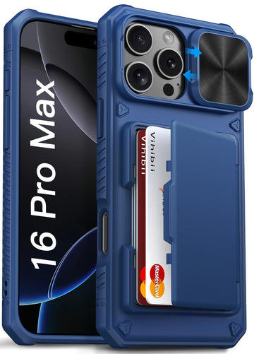 Vihibii for iPhone 16 Pro Max Wallet Case with Card Holder (4 Cards) [RFID Blocking] & Slide Camera Cover & Raised Edges Protect Screen, Shockproof Rugged Case for iPhone 16 Pro Max 6.9" 2024, Blue