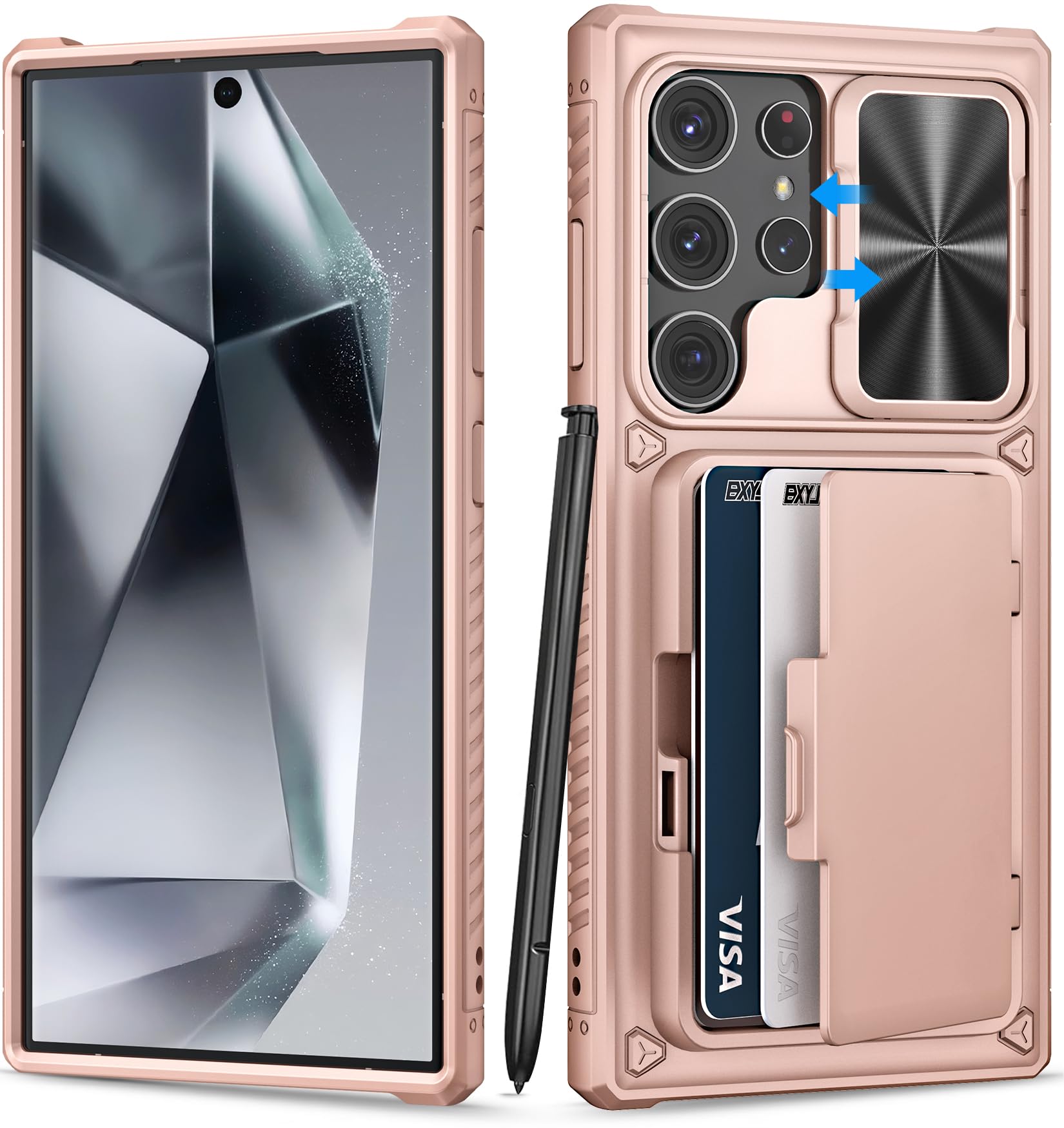 for Samsung Galaxy S24 Ultra Case with Card Holder (Store 4-5 Cards) & Slide Lens Cover & Stand, Military Grade Drop Protection, Shockproof Wallet Phone Case for Galaxy S24 Ultra 2024, Rose Gold