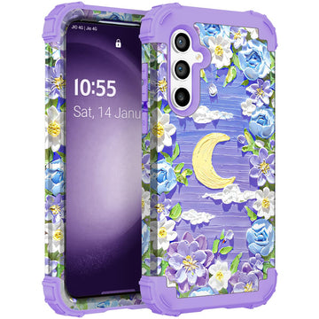 for Galaxy S23 Plus Case,3 in 1 Oil Painting Flower Pattern Heavy Duty Shockproof Protection Silicone Rubber Bumper+Hard Plastic Protective Cover for Samsung S23 Plus 6.6