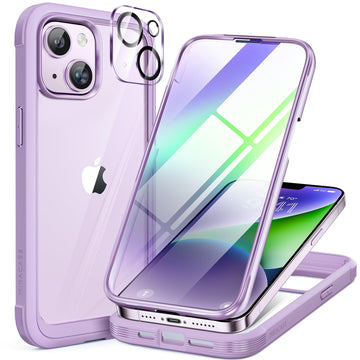 Miracase Glass Series Designed for iPhone 14 Plus Case 6.7 inch, 2023 Upgrade Full-Body Clear Bumper Phone Case with Built-in 9H Tempered Glass Screen Protector and Camera Lens Protector,Purple