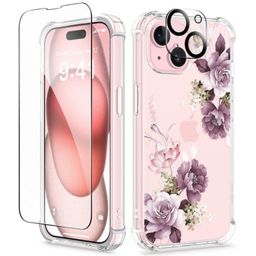 GVIEWIN 3 in 1 Designed for iPhone 15 Plus Case 6.7 Inch, with Screen Protector + Camera Protector Clear Flower [Not-Yellowing] Shockproof Women Slim Phone Cover, 2023 (Floratopia/Colorful)