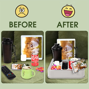 Couch Cup Holder Tray ，FINTHECH Food-Grade Silicone and Plastic Couch Caddy for Bed Car Seat, Waterproof Anti-Spill Couch Drink Holder for Headphones, Snacks and Other Items.