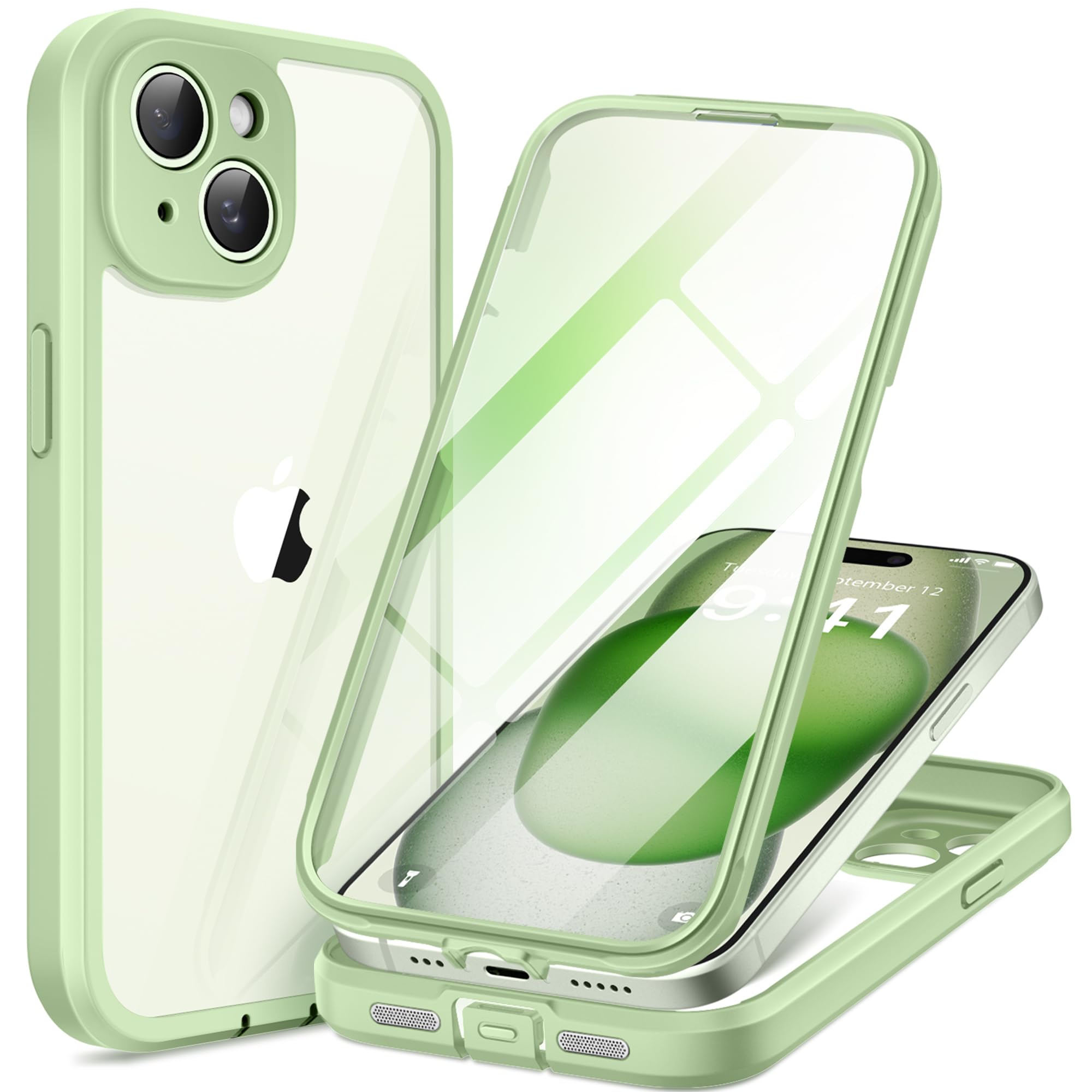 Compatible with iPhone 15 Plus Case, with Built-in 9H Tempered Glass Screen Protector & Upgraded Camera Protection, Dustproof Cover Designed Full Body Rugged Shockproof Phone Case 6.7", Green