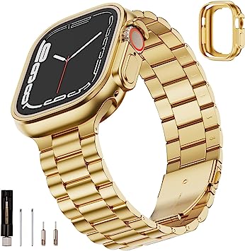 SUNFWR Stainless Steel Metal iWatch Band with Case for Apple Watch - Premium Quality, Easy to Adjust, Upgrade Design (Gold)