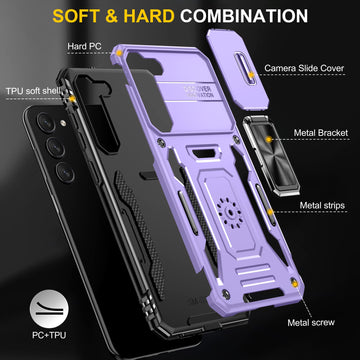 ANNGELAS for Samsung Galaxy S23 Plus Case - Shockproof Cases for S23 Plus 5G - Built-in Slide Anti-Scratch Camera Lens Cover - Integrated 360 Degree Rotating Ring Kickstand,6.6 Inch,Light Purple