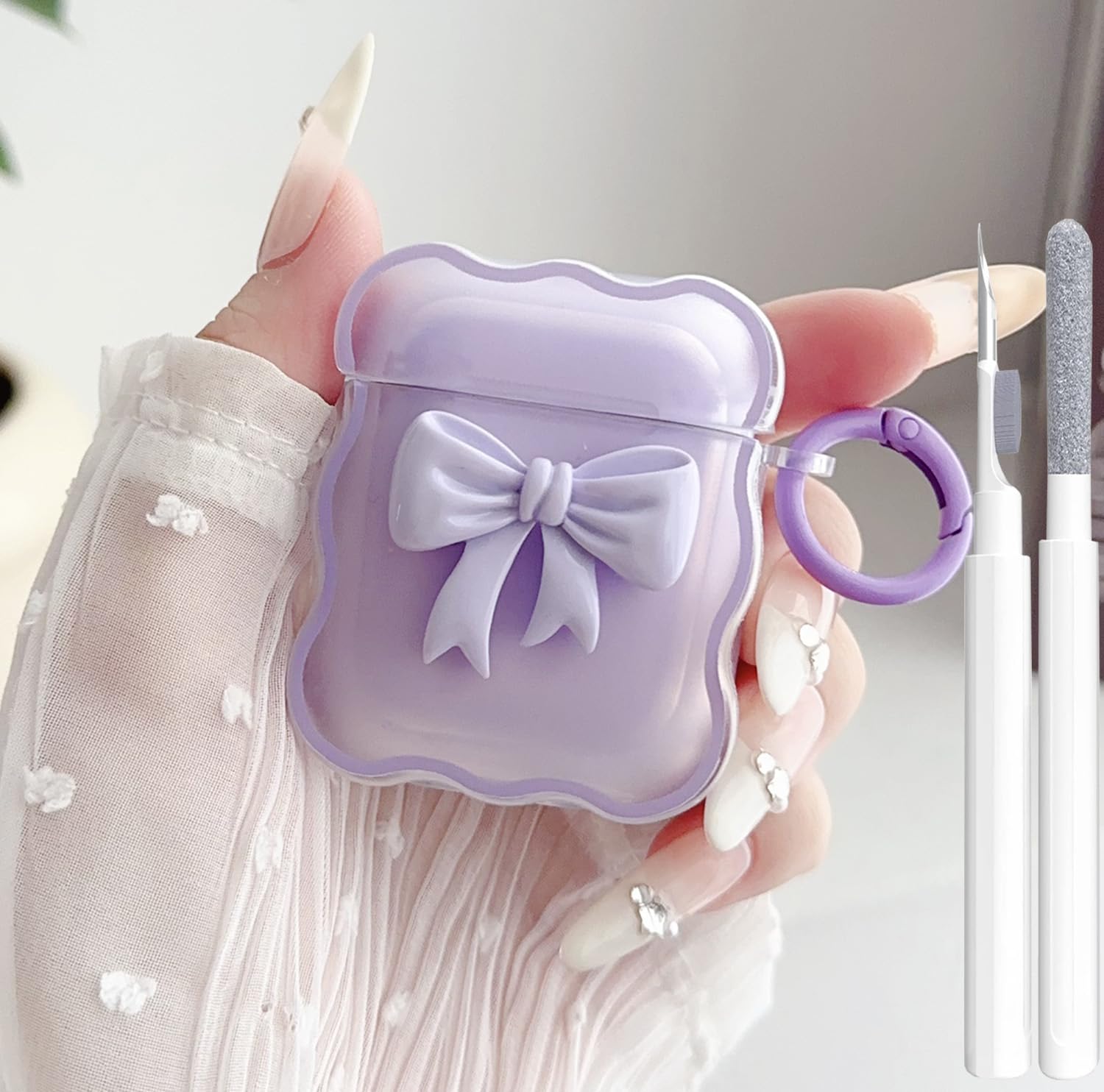 Cute AirPods 2/1 Generation Clear Case, Girly 3D Bow Design Soft TPU Protective Shockproof Kawaii Apple iPod 2nd/1st Generation Cover with Cleaner Kit & Keychain Girls Women - Purple Bow