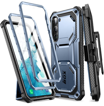 i-Blason Armorbox for Samsung Galaxy S23 Plus Case with Stand & Belt-Clip [Built-in Screen Protector] [2 Front Frames] [Military-Grade Protection] Full-Body Rugged Bumper Case with Kickstand (Blue)