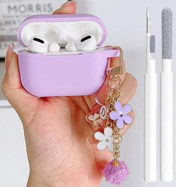 Cute Purple Case for Airpods Pro 2nd/1st Generation Cover for Girl Women with Pom pom Flower Keychain & Cleaner Kit, Soft Silicone Protective Skin for Airpods Pro 2/1 Gen 2019/2023/2022, Purple