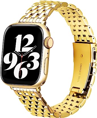 TISIM Stainless Steel Metal Watchband for Apple Watch - Shiny Gold, Full Series Compatibility, Easy to Adjust, Premium Quality