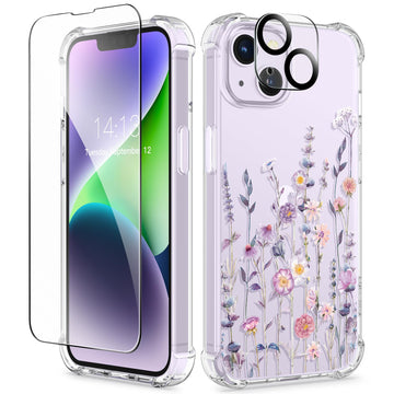 GVIEWIN for iPhone 14 Plus Case Floral, with Screen Protector + Camera Lens Protector, Soft Slim Clear Flower Shockproof Full Body Protective Women Phone Cover, 6.7 Inch (Floratopia/Colorful)