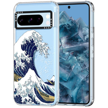 MOSNOVO Case for Google Pixel 8 Pro, [Buffertech 6.6ft Military-Grade Drop Protection] [Anti Peel Off Tech] Clear TPU Bumper Phone Case Cover Design - Great Wave