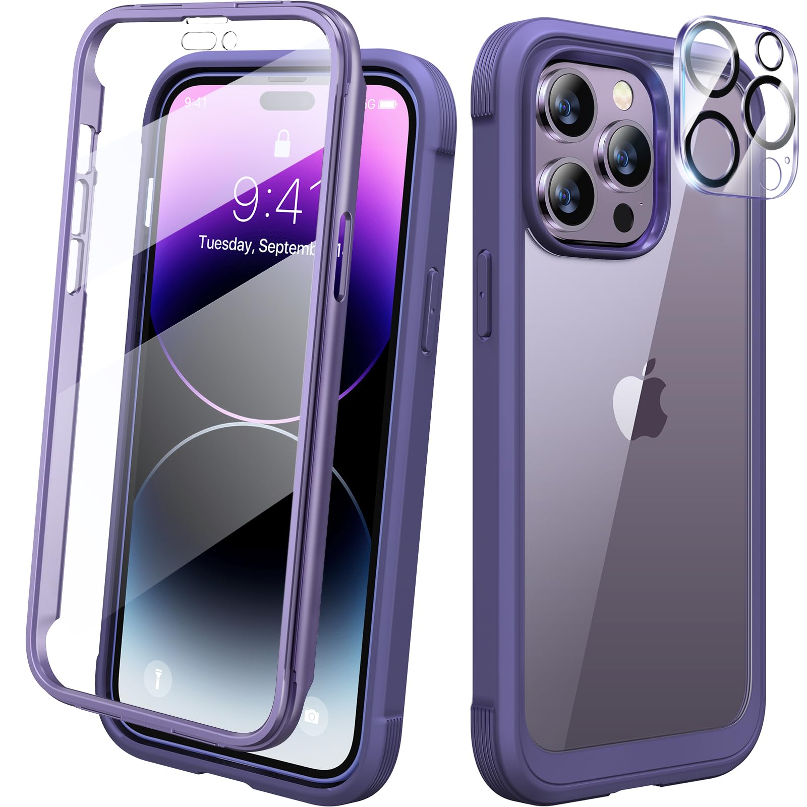 Diaclara Designed for iPhone 14 Pro Max Case 6.7’’, [2023 Upgraded] Full Body Rugged Phone Case w/Built-in Sensitive Anti-Scratch Screen Protector+9H Tempered Glass Camera Lens Protector(Royal Purple)