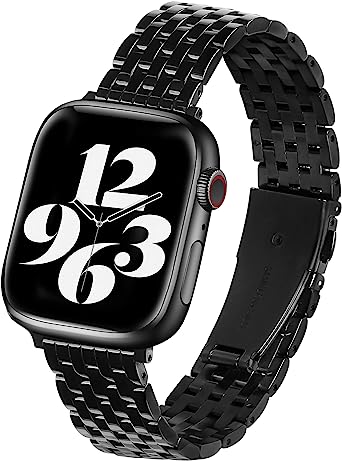 TISIM Stainless Steel Metal Watchband for Apple Watch - Shiny Black, Full Series Compatibility, Easy to Adjust, Premium Quality