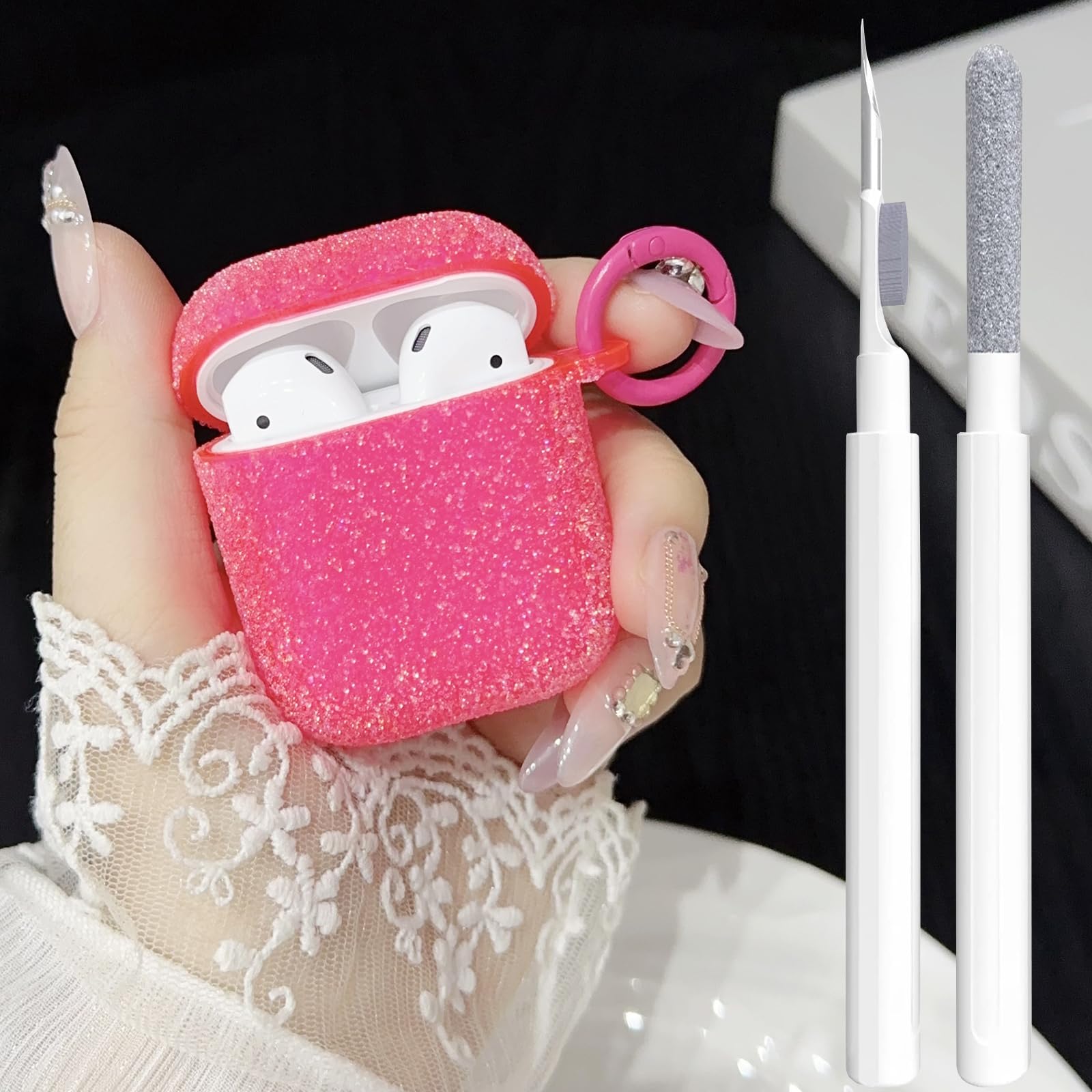 Cute Glitter Red Case for Airpods 2nd/1st Generation Cover Girl Women with Cleaner Pen, OTOPO Airpods iPod 2nd Generation Cover Protective Skin with Keychain for Apple Airpods 2/1 Gen