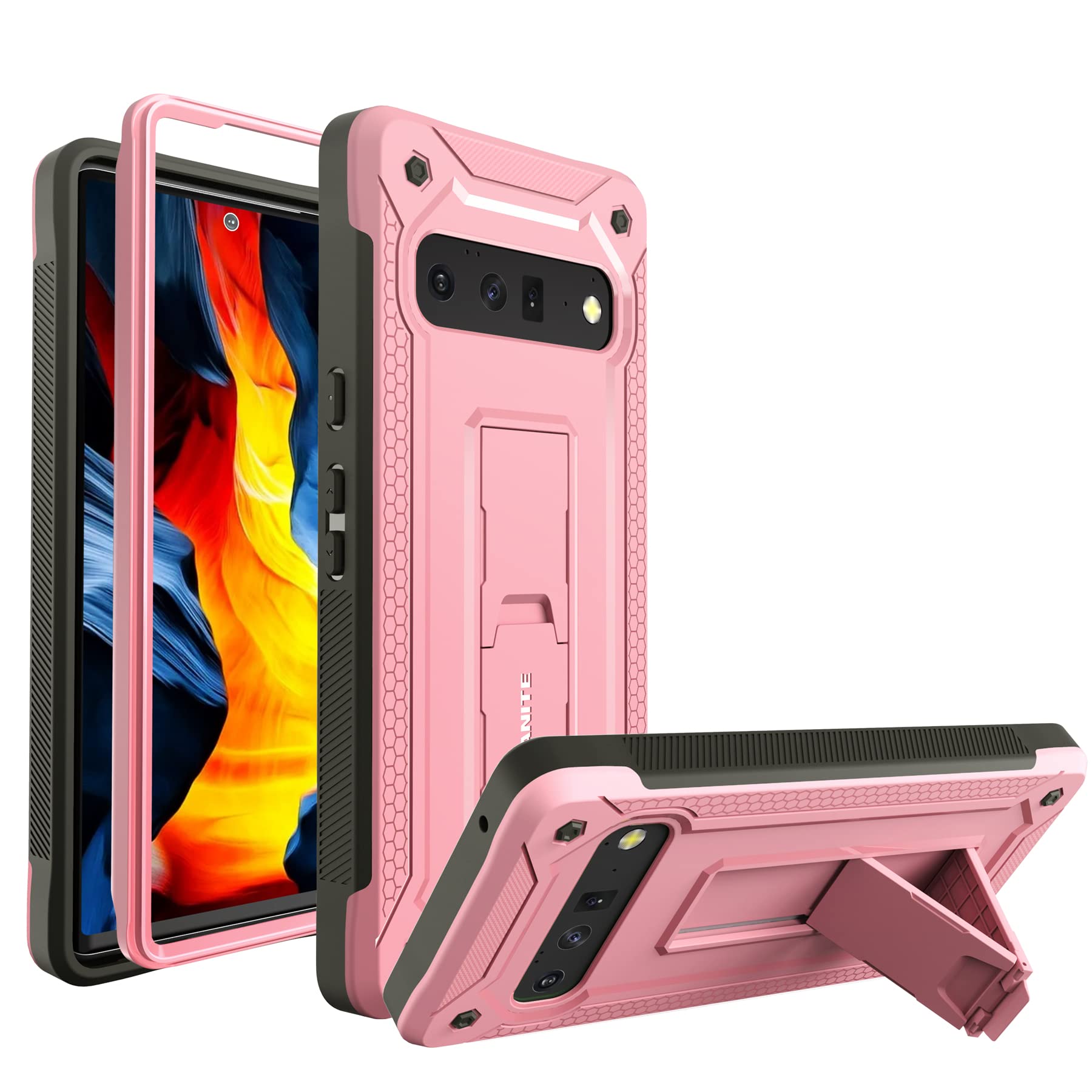 URBANITE Case for Google Pixel 6 Pro with Built-in Kickstand, Dual Layer Shockproof Protective Phone Case, Military Grade Heavy Duty Cover Case for Pixel 6 Pro 6.7 inch (Pink)