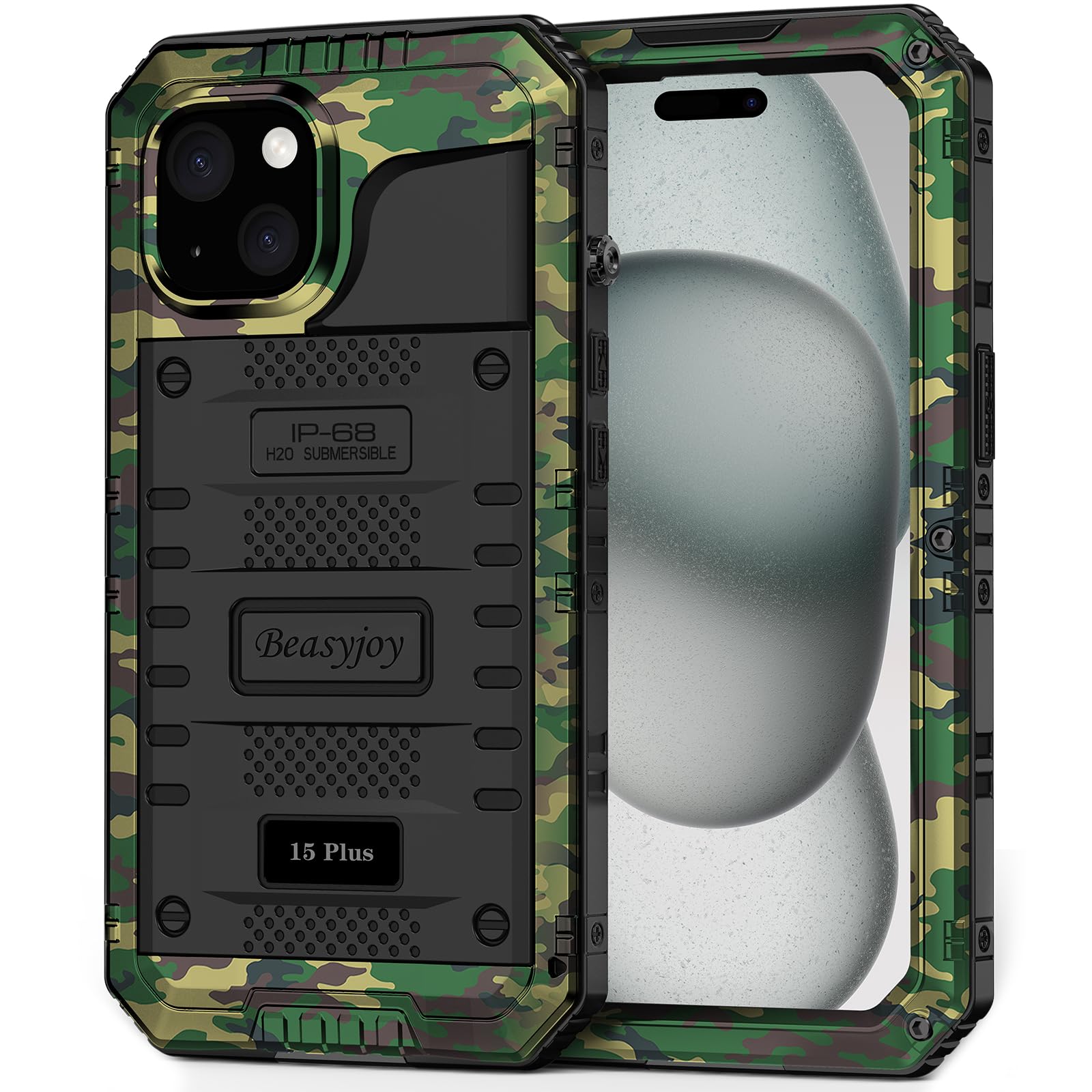 Beasyjoy for iPhone 15 Plus Case Waterproof, Metal Heavy Duty Full Body Protective Case with Built-in Screen Protector, Military Grade Shockproof Dustproof Defender Case for iPhone 15 Plus 6.7", Camo