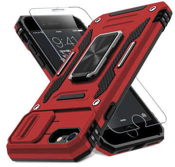 DEERLAMN Case for iPhone SE 2022/2020,for iPhone 8/7 with Slide Camera Cover+Screen Protector,Rotated Ring Kickstand Military Grade Shockproof Protective Cover 4.7 Inch-Red