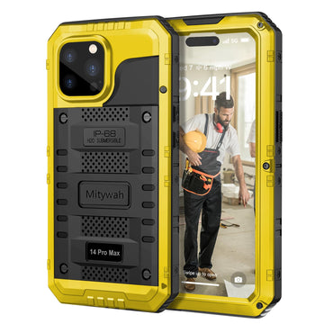 Mitywah Waterproof Case for iPhone 14 Pro Max, Heavy Duty Shockproof Case with Built-in Screen Protector, Full Body Underwater Protective Metal Case 6.7 inch, Yellow