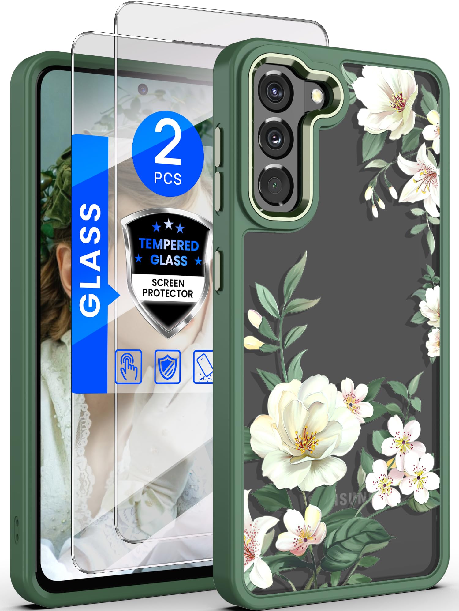 Dretal for Samsung Galaxy S21 5G Case Floral, Military Grade Drop Tested Hard Back & Soft Edge Slim Flower Women Girls Phone Protective Cover + Tempered Glass Screen Protector for Galaxy S21（Green