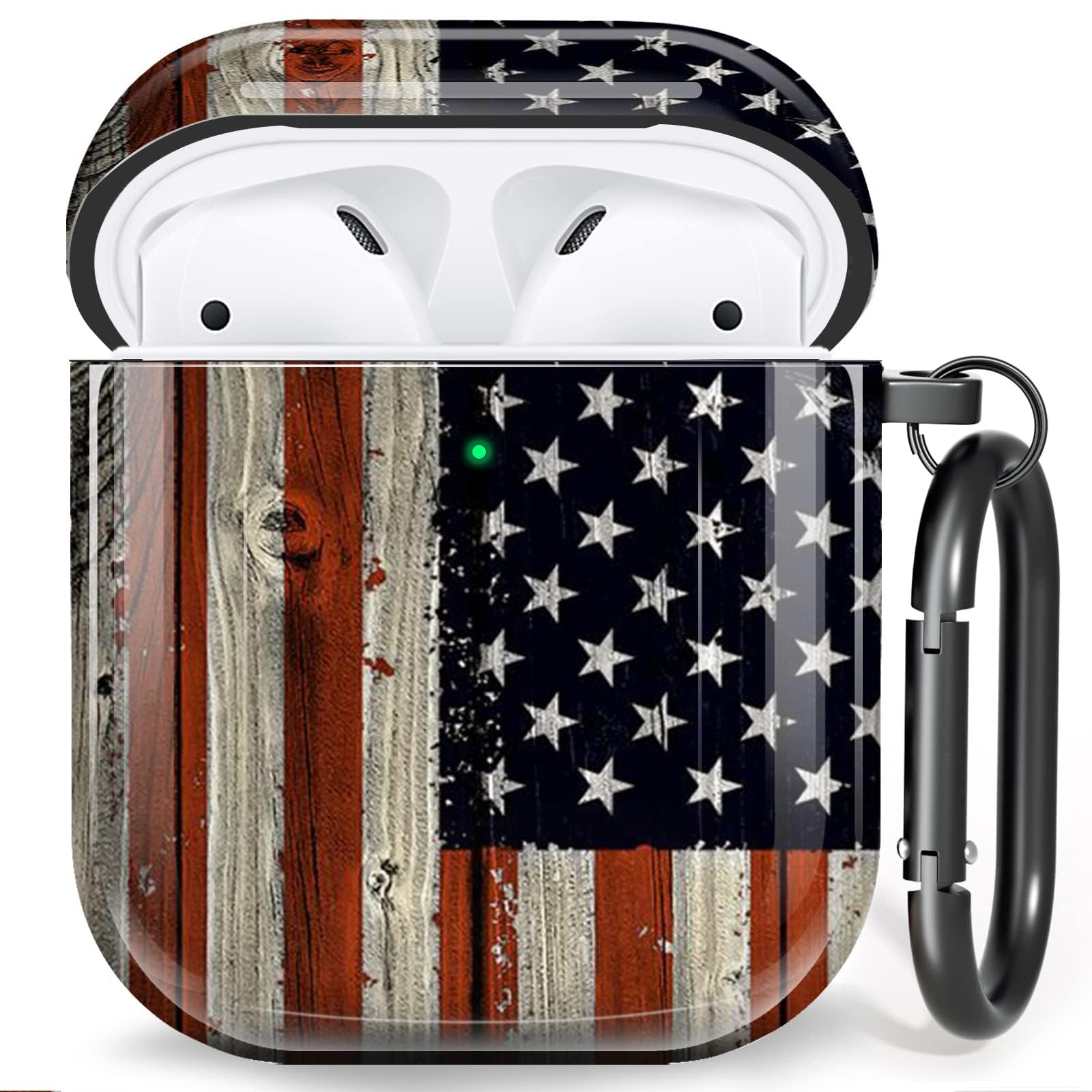 AirPod Case Cover for AirPod 2/1, Shockproof Protective Skin with Keychain for Apple AirPods 2nd 1st Generation Charging Case, Front LED Visible, American Flag AirPod Case