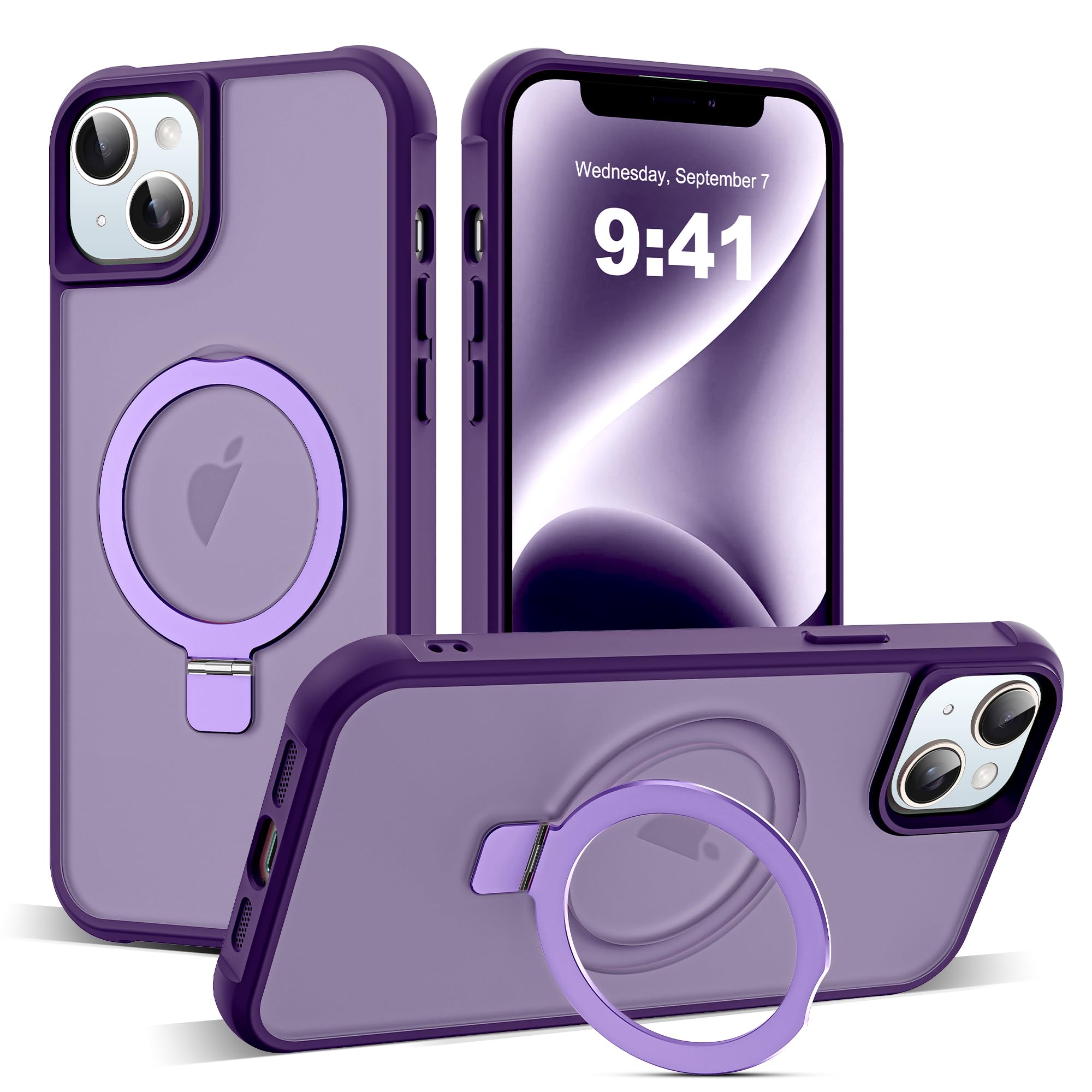 SKYLMW Compatible with iPhone 14 Plus Case with Invisible Magnetic O-Ring Stand Military-Grade Translucent Case for iPhone 14 Plus 6.7" [Compatible with MagSafe][Great Grip Feeling], Purple