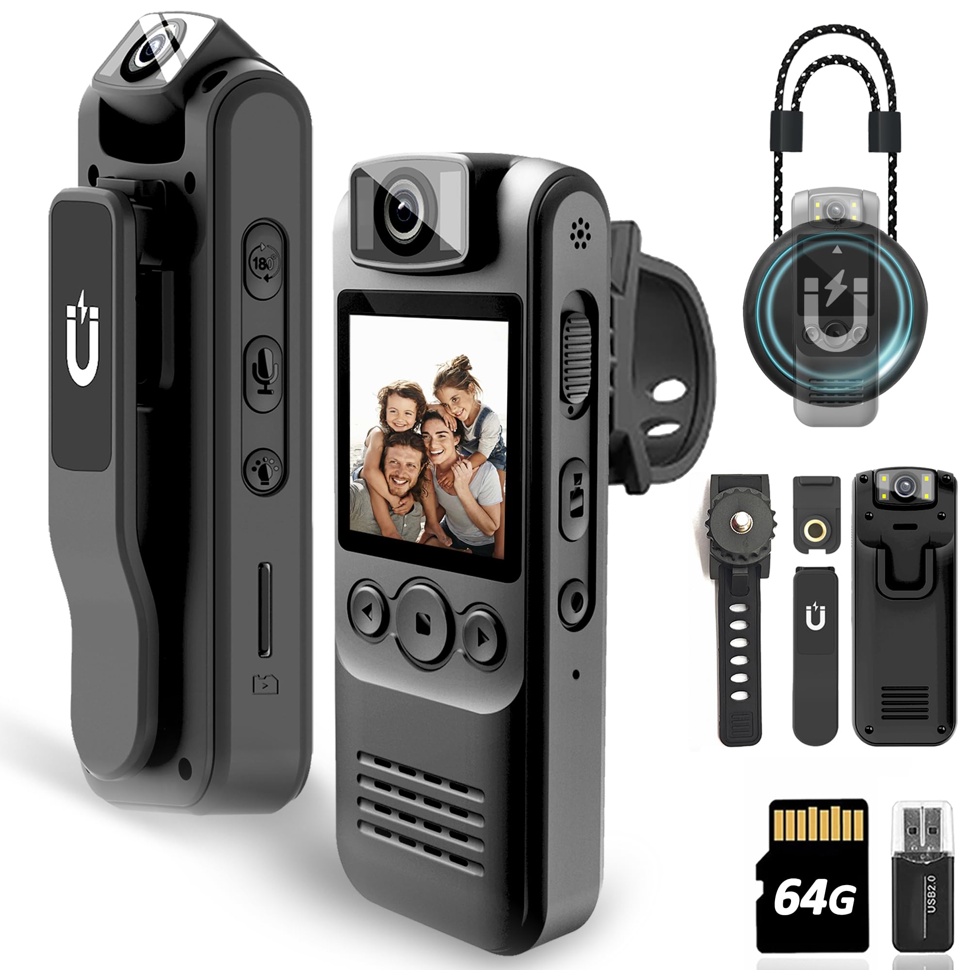 Body Camera with Audio & Video Recording- 64GB 1080P HD Police Cop Cam for Outdoor Law Enforcement Guard Travel Cameras- With Magnetic Clip Flashlight 6HR Battery Recorder (Black With Lanyard)