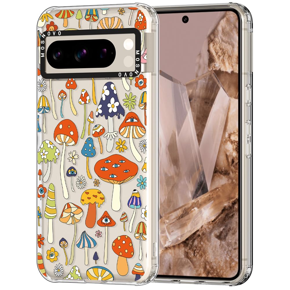 MOSNOVO Case for Google Pixel 8 Pro, [Buffertech 6.6ft Military-Grade Drop Protection] [Anti Peel Off Tech] Clear TPU Bumper Phone Case Cover Design - Mushroom Art