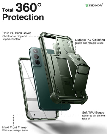 Dexnor for Samsung Galaxy S22 Plus Case, [Built in Screen Protector and Kickstand] Heavy Duty Military Grade Protection Shockproof Protective Cover for Samsung Galaxy S22 Plus 5G,Army Green